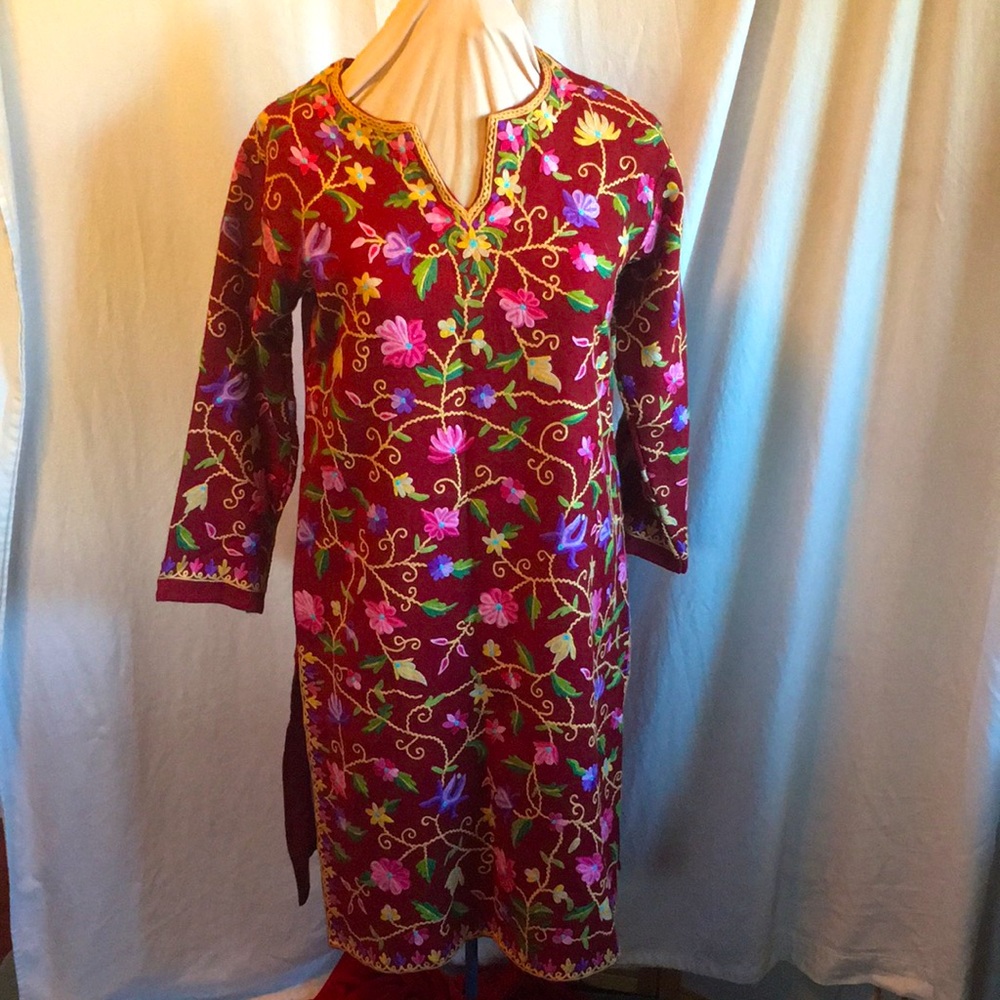 Tunic red with colourful floral embroidery and details at necks and hems size M